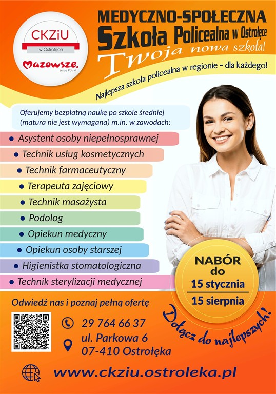 Plakat lato 2026 - kierunki kształcenia w Medyczno-Społecznej Szkole Policealnej w Ostrołęce